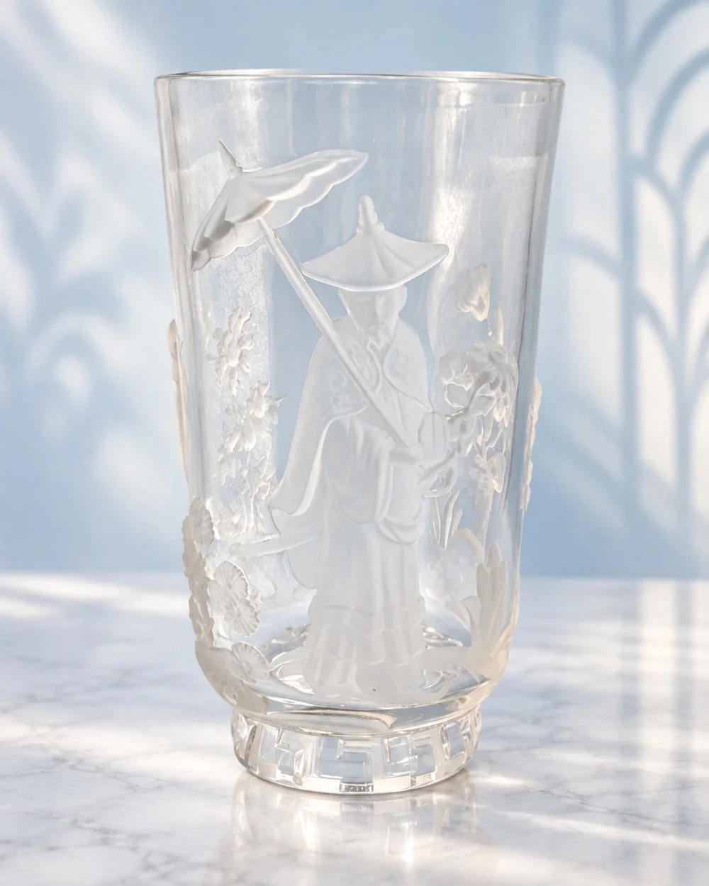 Signed Verlys Mandarin Vase 1930s French Art Deco Frosted Chinoiserie 9.25”